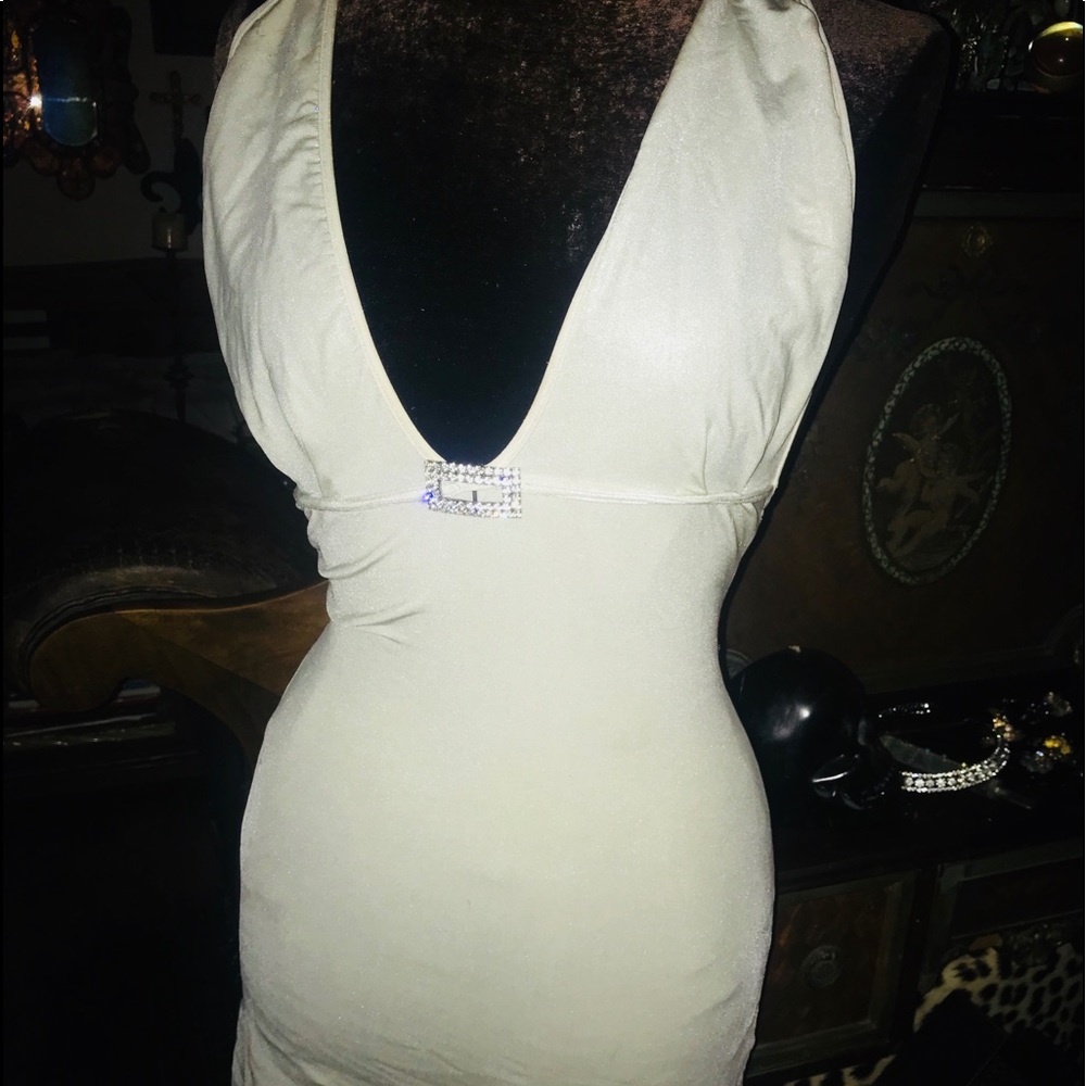Silver halter bodycon mini dress with rhinestones